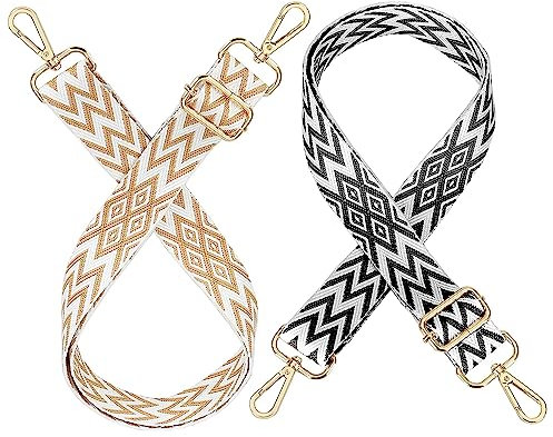 2PCS Bag Straps for Handbags 1.5in Replacement Handbag Straps Adjustable Crossbody Jacquard Embroidery Belt with Clips for Women Camera Canvas Bag - Black and Khaki - Length 30-53in