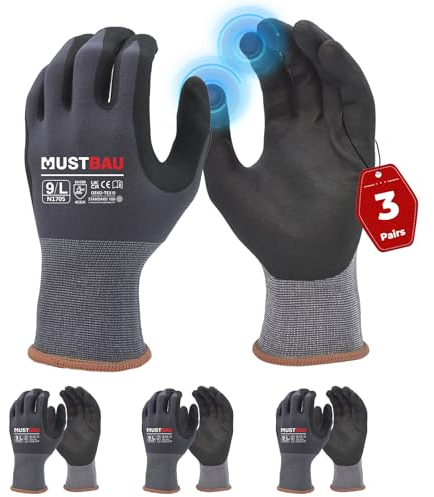 Mustbau Arbeitshandschuhe Schwarz mit Touchscreen, Arbeitshandschuhe Herren mit Nitril Beschichtung für Montagearbeit，Mechaniker, Gartenarbeit und Bauarbeiten, Gr. L, 3 Paare