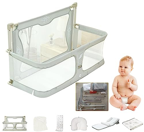 3 In 1 Beistellbett Baby,bett Für Baby,reisebett baby mit matratze,Beistellbett Baby Boxspringbett,bett Baby,baby Laufstall, Mit Mückennetz, Sommerlicher Kühlmatte, Wickelunterlage Und Formkissen ( Co