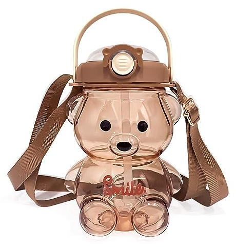 Bear Water Bottle with Straw Kawaii Cute Adjustable and Removable Shoulder Strap (1400mL, Brown)