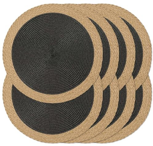 Noctiflorous Round Braided Placemats Set of 8 Table Mats 15 Inches Washable Heat Resistant for Dining Table Non-Slip Indoor Outdoor Place Mats for Thanksgiving Christmas Easter(Black Wide Edge 8)