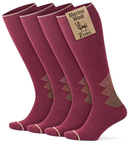 GoWith Calze a compressione in lana merino, 15-20 mmHg, termiche, da viaggio, imbottite al ginocchio, per uomo e donna, Borgogna-Beige - 2 paia, L