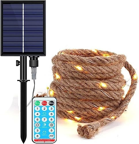 EONANT Solar Hanf Seil Licht Outdoor LED warm weißes Licht wasserdichte Retro Hanf Seil Garten Dekoration mit 8 Modi der Fernbedienung Balkon Hof Innen und Outdoor Märchen Lichter (10M 200LED)