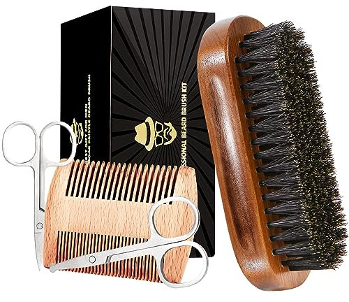Bartbürste für Männer, Wildschweinborsten, schwarzes Walnussholz, Bart- und Schnurrbärte-Pflegeset, inklusive 100% reiner Wildschweinborsten, Bartbürste, Bartkamm, Schnurrbartschere und Reisetasche