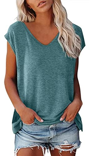 Shobdw T Shirt Damen V Ausschnitt Damen Shirt Tshirt T T-Shirt Sommer Kurzarm Top Bluse Sport Oberteil Oberteile Shirts Elegant Oversize Für Tshirts Mit Locker Baumwolle Basic Blusen T-Shirts Blau M