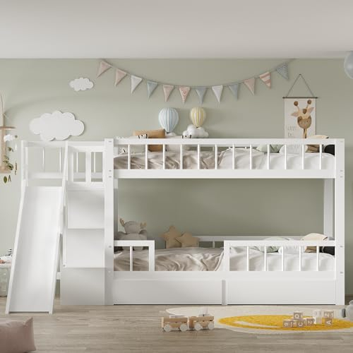 KecDuey Litera infantil de 90 x 200 cm, cama doble, multifuncional, con tobogán y escaleras, con 2 cajones, con puerta magnética, sin colchón, madera maciza, color blanco
