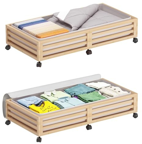 Bambus-Unterbett-Aufbewahrungsbehälter, Unterbett-Organizer mit Rollen mit großem Staubbeutel, stabiles Holz, rollt unter dem Bett, Schuh-Organizer, Schublade, 2 Packungen (Natur, lang)