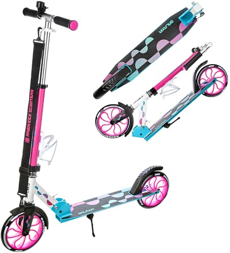 RAVEN Scooter Roller Tretroller Kickscooter für Kinder Erwachsene |klappbar | höhenverstellbar | Tragegurt | Klingel | Flaschenhalter (Galaxia Blue/Pink ohne Handbremse, 200mm)