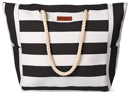 HEYO Strandtasche Damen Große Badetasche mit Reißverschluss Freizeittasche Sommer Tasche Gestreift Shopper Bag Einkaufstasche XXL (Schwarz)