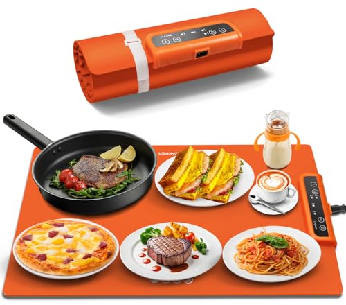 INNOWARMER Chauffe Plat Électrique, Plaque Chauffante Électrique Silicone Pliable Flexible, Plaque Chauffante avec 3 Température Réglable et Minuteur, Chauffe Plat pour Buffet Fête Familiale (Orange)
