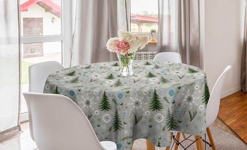 ABAKUHAUS Weihnachten Runde Tischdecke, Weihnachtskiefer Schnee?ocken, Kreis Tischdecke Abdeckung für Esszimmer Küche Dekoration, 150 cm, Blasses Salbeigrün Seafoam