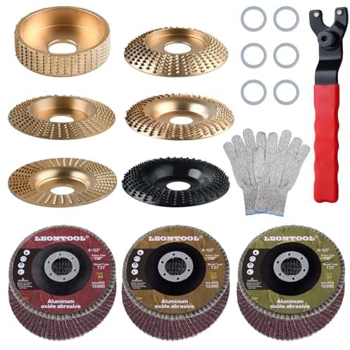 LEONTOOL 14PCS Carving Disc Set for 4 or 4 1/2 Angle Grinder with 5/8 Arbor, Include Shaping Wheel, Bevel Type Flap Discs, Grinder Wrench and Gloves for Shaping Carving and Sanding
