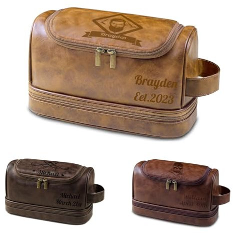 Trousse de Toilette personnalisée pour Homme,Motif et Texte gravés,Trousse de Toilette personnalisée en Cuir PU pour Homme,Sac de Voyage Portable pour Homme,Cadeau pour la fête des pères