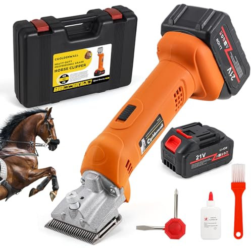 CGOLDENWALL Schermaschine Pferd Akku 690W 2800RPM, mit 2 * 4000mAh Lithium-Batterien, 6-Geschwindigkeits Heavy Duty Pferderasierer für Pferde, Equiden, Ziegen, Rinder, Ponys und Tiere mit dickem Fell