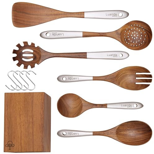 LUANDA Küchenhelfer Set Holz 11-teilig mit Behälter - Kochlöffel Set - nachhaltig Kochen - Küchenzubehör aus 100% Holz Pfannenwender Pastaheber Schaumlöffel Salatbesteck