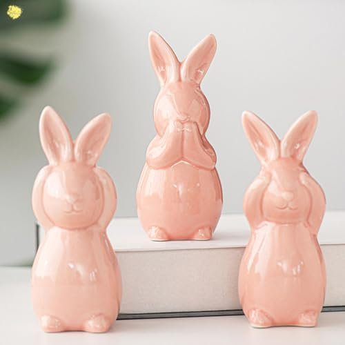 Osterdeko Hase Deko, 3 Stück Osterhasen Figuren Osterhase für Osterdeko Aus Keramik Porzellan Hase Kaninchen Dekofigur Frühlingsdeko Osterdeko Tisch für Wohnzimmer Büro Party (Rosa)