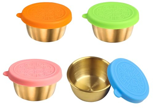 Qaixwuyi 4 Stück Dressing Behälter Mini Saucen40ml Auslaufsichere Bento Box Zubehör Edelstahl Salatdressing Behälter mit Silikon Deckel Kleine Dosen Lebensmittelbehälter Snack