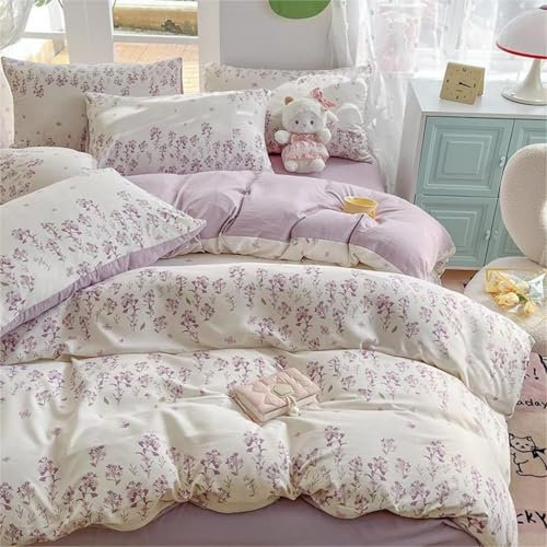 Freyamy Blumen Bettwäsche Set 135x200cm 4teilig Weiß Lila Violett Floral Blätter Pflanzen Wendebettwäsche Microfaser Mädchen Bettbezug 2 Deckenbezug mit Reißverschluss und 2 Kissenbezug 80x80cm