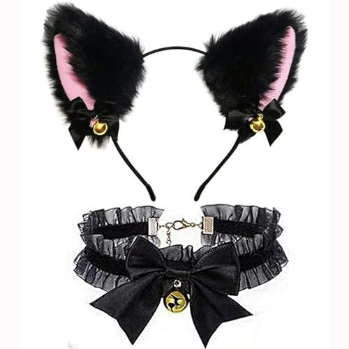 Katzenohren Haarreif,2 Stücke Katzenohren Stirnband,Cosplay Plüsch Haarreifen mit Glocke und Bowknot,Katzen Ohren Stirnband für Halloween Karneval Party(Schwarz)