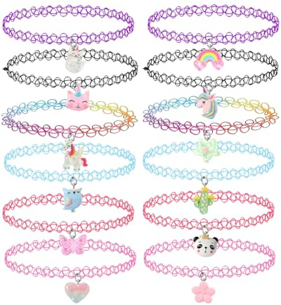 LEEQBCR 12 PCS Choker Halskette Set für Kinder Teenager Mädchen Frauen, Anhänger Charme Einhorn Regenbogen Panda Katze Herz Blume Meerjungfrau Chokers Henna Tattoo Stretch elastisch