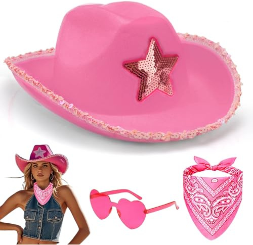Pink Cowboy Hat for Women, 3 Piece Cowgirl Fancy Dress Set with Hat, Bandana and Sunglasses for Western Themed Parties, Halloween Costumes, Wedding Bachelorette Birthday Party Costume Accessory