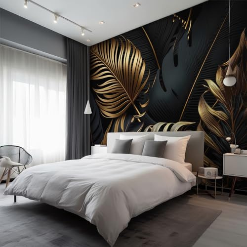 Fototapete Vlies Tapete Gold Schwarz Blätter Monstera Fototapeten Vliestapete Tapeten Moderne Wandtapete, Wohnzimmer, Flur, TV Hintergrund Wandtapete Poster Bilder Wand Deko, 200 x 140cm (B×H) GH138