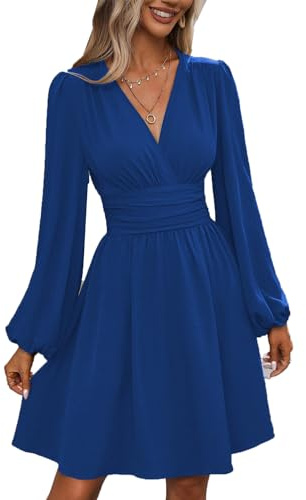 UUAISSO Vestito Casual da Donna Manica Lunga Vita Alta A Line Abiti Avvolgenti Scollo a V Midi Dress