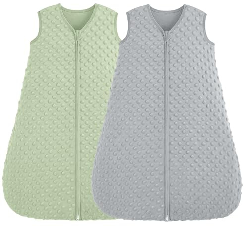 FIEMOL Schlafsack Baby 0-6 Monate 1.5 Tog, Neugeborene Schlafsack Herbst mit Plüsch Punkte, Weiche Winter Schlummersack Baumwolle, Baby Tragedecke Grün&Grau 2er Pack 67cm