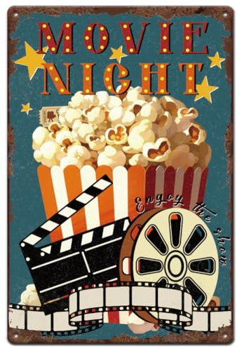 SUPERDANT Blechschilder Mit Film Popcorn Blechschild Filmnacht Metallschild Vintage Dekor Männerhöhlenschild Dekorativ Metallschilder Für Heimkino Theater Vorführraum Kneipen Club Wandkunst Geschenke