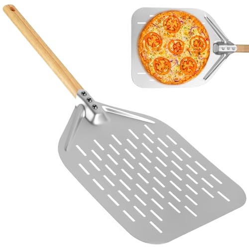 Zyiphor Pala per Pizza 12 Pollici, Pala per Pizza Forata in Alluminio con Manico in Legno Rimovibile, per Barbecue a Gas, Barbecue e Forno, per Riporre Facilmente La Pizza Grande (40 x 30 cm)