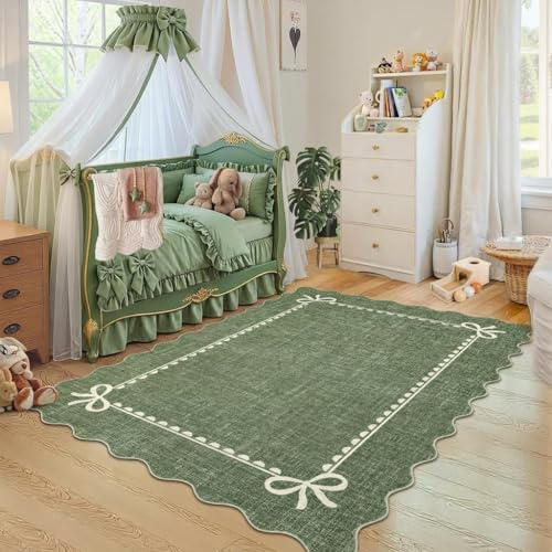 CAROMIO Modern Scalloped Bow Rug 120x170 cm Washable for Living Room Green | Non Slip, Low Pile Indoor Carpet, Foldable Floor Mat, Nursery, Dining Room, Office