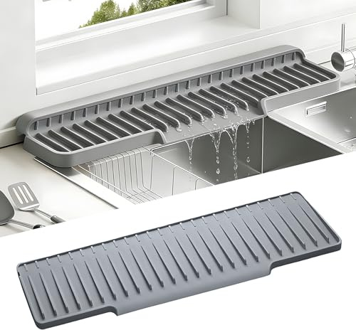 Volminex Silicone Sink Faucet Mat, Kitchen Splash Guard, Grey, 45×15cm | Foldable Drain Rack, Smart Kitchen Gadget, Narrow and Long Sink Protector, Draining Pad for Kitchen Countertop and Bathroom