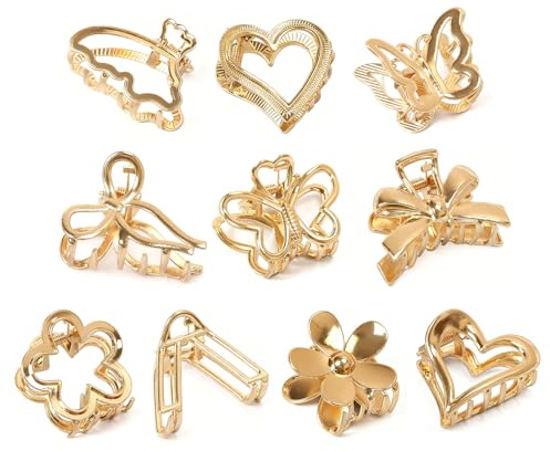 Eclove Lot de 10 mini pinces à cheveux en métal doré dans des designs mignons tels que papillon, fleur, nœud, cœur, chat, accessoires de cheveux pour femmes et filles (taille S)