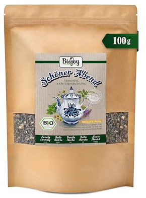 Biojoy Infusión BIO a granel Schöner Abend, infusión nocturna, 100 g | Mezcla de flores de manzanilla, hojas de melisa, zarzamora y otras hierbas