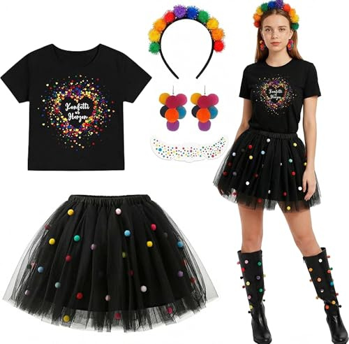 Generisch Konfetti Kostüm Damen, 5Pcs Konfetti im Herzen Fasching Karneval Konfetti Kostüm Outfit T-Shirt, mit Tüllrock, Haarreif, Aufkleber, Ohrringe, Konfetti Tüllrock Karneval Kostüm
