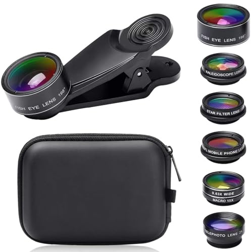 Severnier Lente per smartphone, 7 in 1 Universale Obiettivo per cellulare, Lente grandangolare, Obiettivo Macro, fisheye lens, caleidoscopio, zoom/CPL/Star lens, per alle smartphone (M)