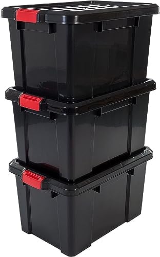 Iris Ohyama, Juego de 3 cajas de almacenamiento para bricolaje, 50 L, con cierre a presión, apilable, garaje - Power Box SK-450 - Negro