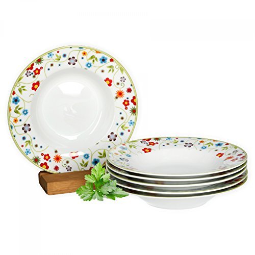 Lot de 6 assiettes creuses Van Well en porcelaine, coloris au choix. Motif fleurs