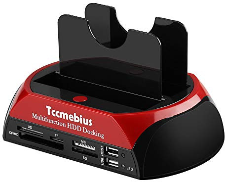 Tccmebius TCC-S862-US Station d'accueil pour disque dur USB 2.0 vers SATA IDE 2,5 3,5 Dual Slots Boîtier externe avec lecteur de carte tout en 1 et hub USB 2.0 pour disque dur IDE SATA I/II/III 2,5