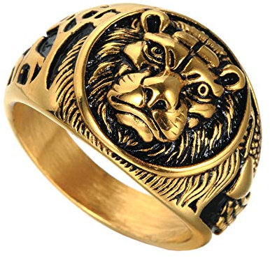HIJONES Herren 316l Edelstahl Gothic Biker Löwe Siegelring Gold Schwarz Größe 60