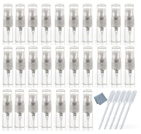Elfenstall- 50PCS 2ML Clear Fine Mist Sample Vial Small Protable Refill Glass Atomizer Spray Perfume Bottle Hydrating Empty Bottle For Travel Makeup Party Free 5PCS Pipette Dropper