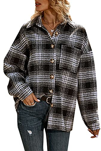 OMZIN Damen Plaid Langarm Button-Down-Kragen Lässiges Loses Langes Hemd Übergroßer Mantel mit Schwarzen Gürteltaschen 3XL