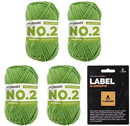 myboshi No.2 inkl. Label, Baumwolle zum Häkeln, Baby Wolle, vegane Wolle zum Stricken, Wolle 60 Grad waschbar, für Baby und Amigurumi, 50g, Ll 100m Grün (Limettengrün), 4 Knäuel