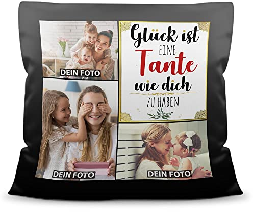 PR Print Royal Kissen selbst gestalten Satin - mit 3 Fotos Bedrucken - Glück ist eine Tante wie Dich zu haben - Geschenk Geburtstag Weihnachten - Fotokissen satiniert inkl. Füllung, 40x40 cm