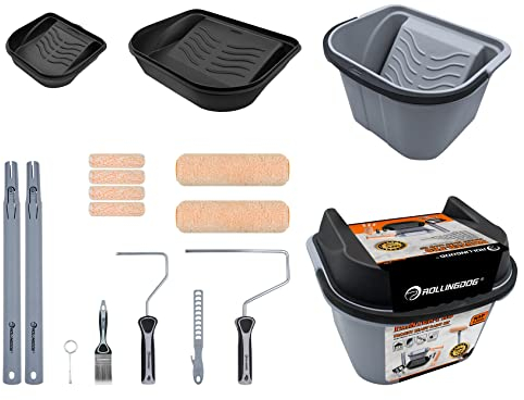 ROLLINGDOG 16PCS Paint Rollers and Trays Sets, Paint Roller Extension Pole, Paint Scuttle with Lid, Decorating Tools for Wall, Ceiling Painting
