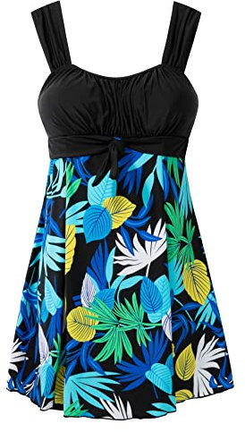 Wantdo Femme Maillot de Bain 1 Pièce Jupette Grande Taille Amincissante Slim Cache Ventre Push Up Elégant Plage Floral Robe Tankini Feuille Noire avec Fleur 56-58