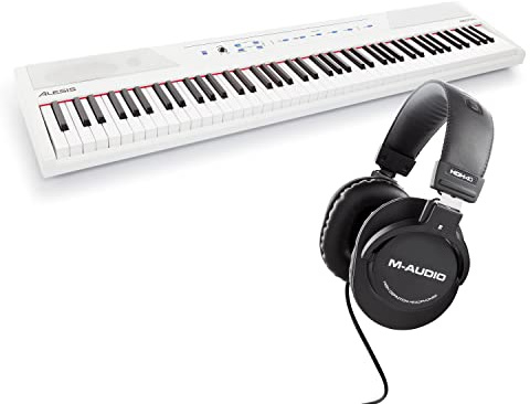 Alesis Recital White + auriculares HDH40 de M-Audio - Teclado de Piano Digital Eléctrico con 88 Teclas Semipesadas de Tamaño Completo y Auriculares de estudio de diseño cerrado