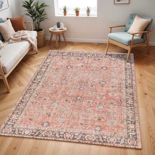 Livabliss Terjit Machine Washable Rug - Vintage Area Rugs Living Room, Large Rug 200x275 cm - Traditional Boho Style, Dining Room, Kitchen, Outdoor, Hallway - Rust, Brown, Charcoal
