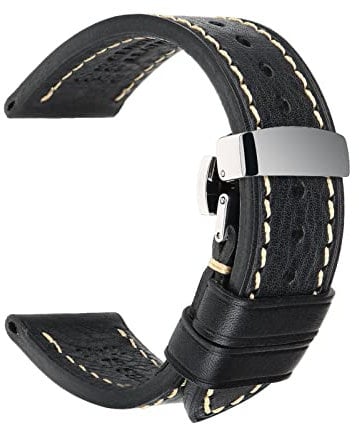 Uhrenarmbänder 18mm, 20mm, 22mm, 24mm, Vintage-Uhrenarmband aus echtem Leder mit Faltschließe, Schwarz, 18mm