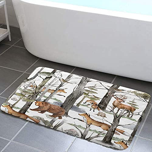 Rustikaler Waldhaus-Badteppich für Badezimmer, Bauernhaus, Baum, Landhaus, Jagd, Tier, Wildbär, Elch, Hirsch, rutschfester Flanell-Badezimmerteppich, trocken, Badematten, 43.2x73.3 cm